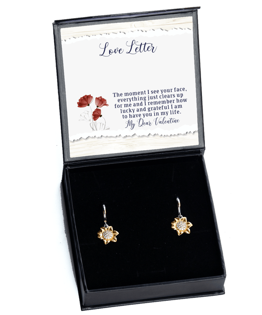 Happy Valentine's Day Gifts - Love Letter for Her - Sunflower Earrings for Wife, Girlfriend, Fiancee, Soul Mate - Jewelry Gift for Valentine's Day