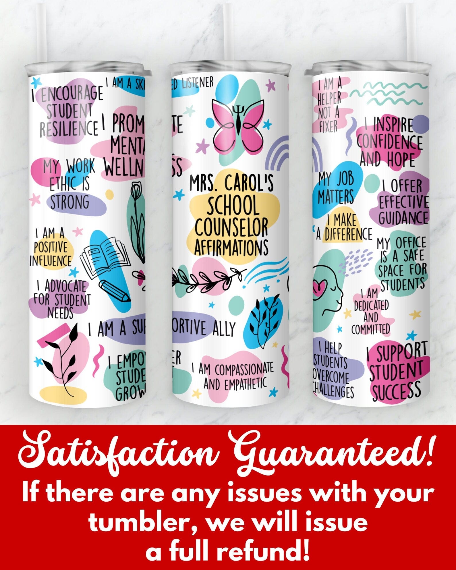 Personalized School Guidance Counselor Daily Affirmations Skinny Tumbler with Lid and Straw, Back to School Counselor Gift, Travel Mug White