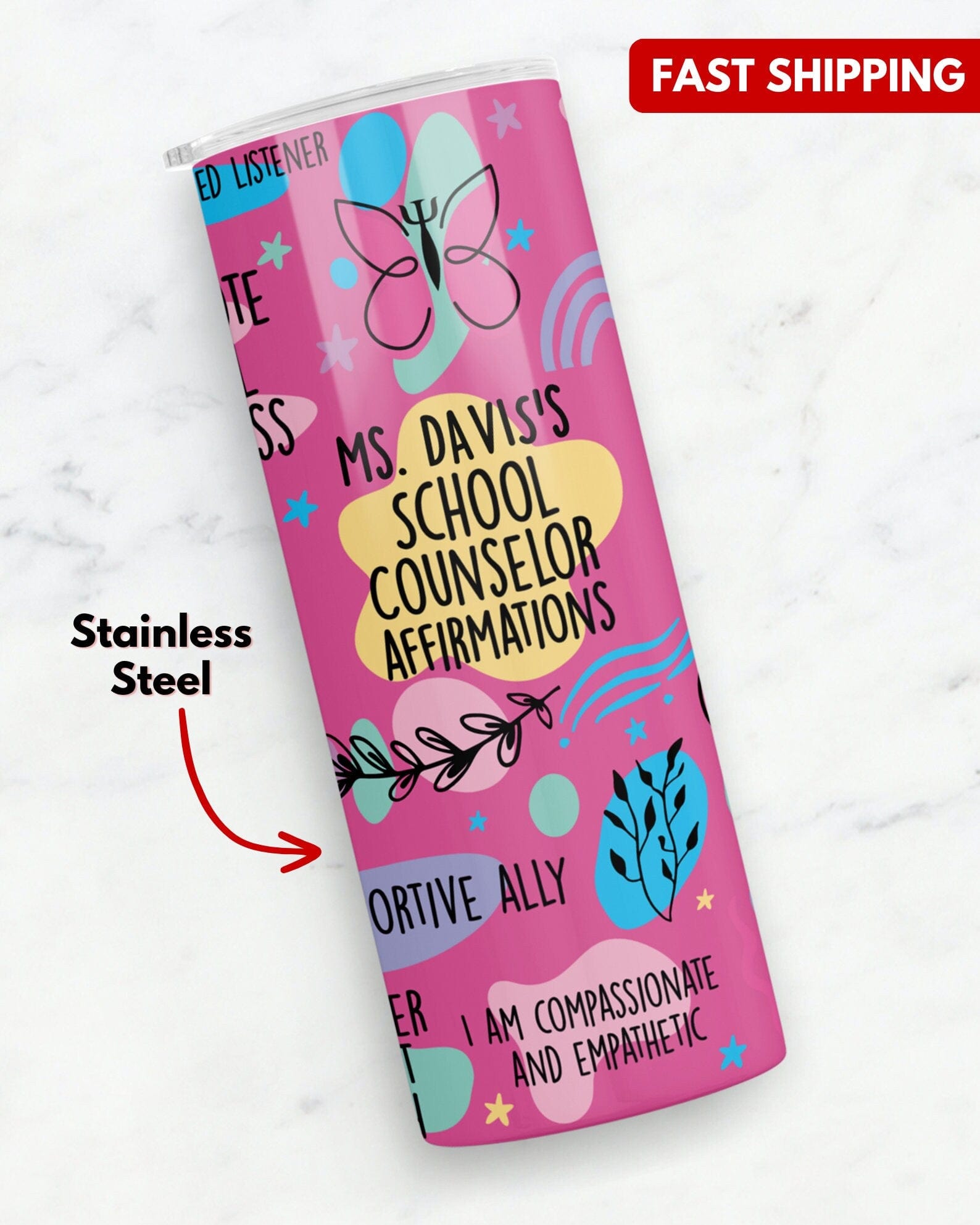 Personalized School Guidance Counselor Daily Affirmations Skinny Tumbler with Lid and Straw, Back to School Counselor Gift, Travel Mug Pink