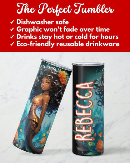 Personalized Black Mermaid Tumbler Gift for Girls, Custom African American Mermaid 20oz Skinny Tumbler, Black Girl Magic Cup for Kids