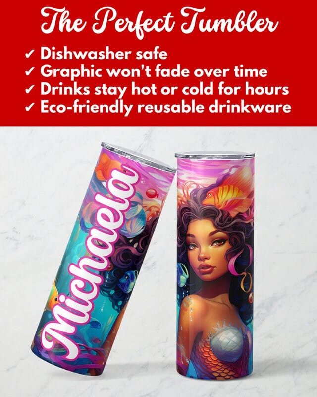 Personalized Black Mermaid Tumbler Gift for Girls, Custom African American Mermaid 20oz Skinny Tumbler, Black Girl Magic Cup for Kids