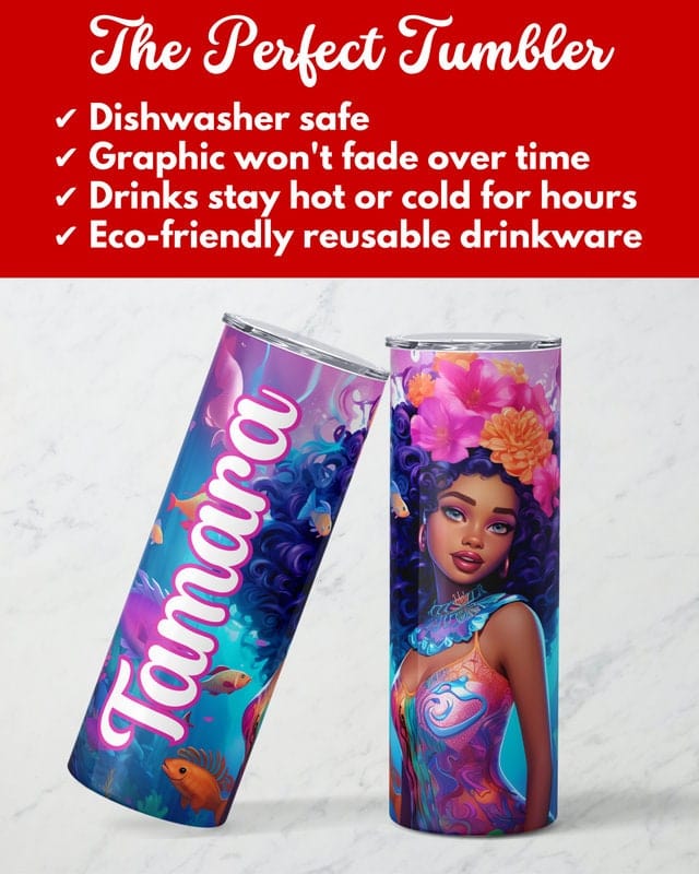 Personalized Black Mermaid Tumbler Gift for Girls, Custom African American Mermaid 20oz Skinny Tumbler, Black Girl Magic Cup for Kids