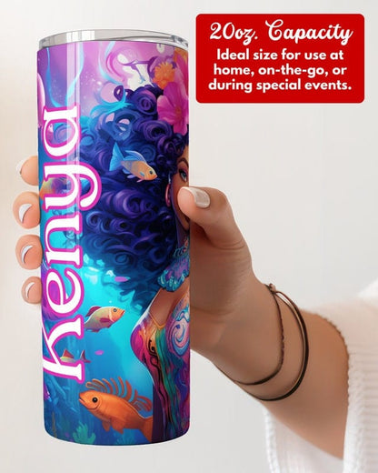 Personalized Black Mermaid Tumbler Gift for Girls, Custom African American Mermaid 20oz Skinny Tumbler, Black Girl Magic Cup for Kids