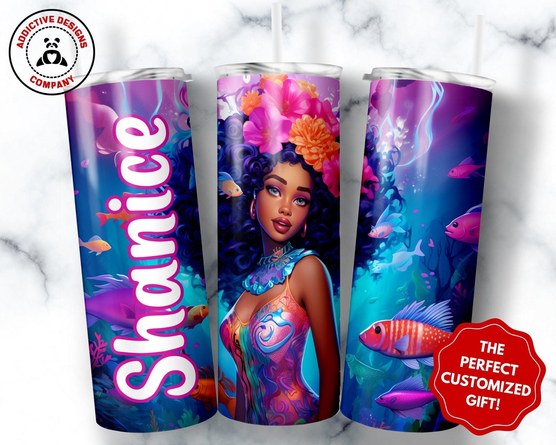 Personalized Black Mermaid Tumbler Gift for Girls, Custom African American Mermaid 20oz Skinny Tumbler, Black Girl Magic Cup for Kids