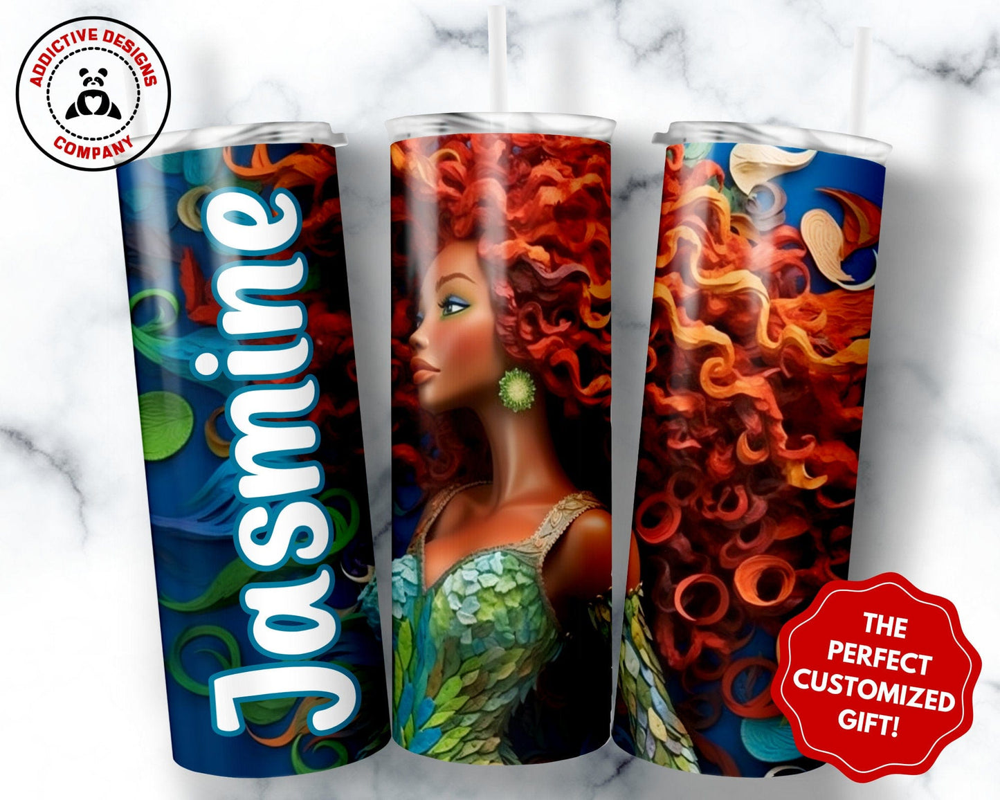 Personalized Black Mermaid Tumbler Gift for Girls, Custom African American Mermaid 20oz Skinny Tumbler, Black Girl Magic Cup for Kids