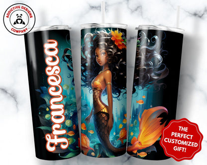 Personalized Black Mermaid Tumbler Gift for Girls, Custom African American Mermaid 20oz Skinny Tumbler, Black Girl Magic Cup for Kids