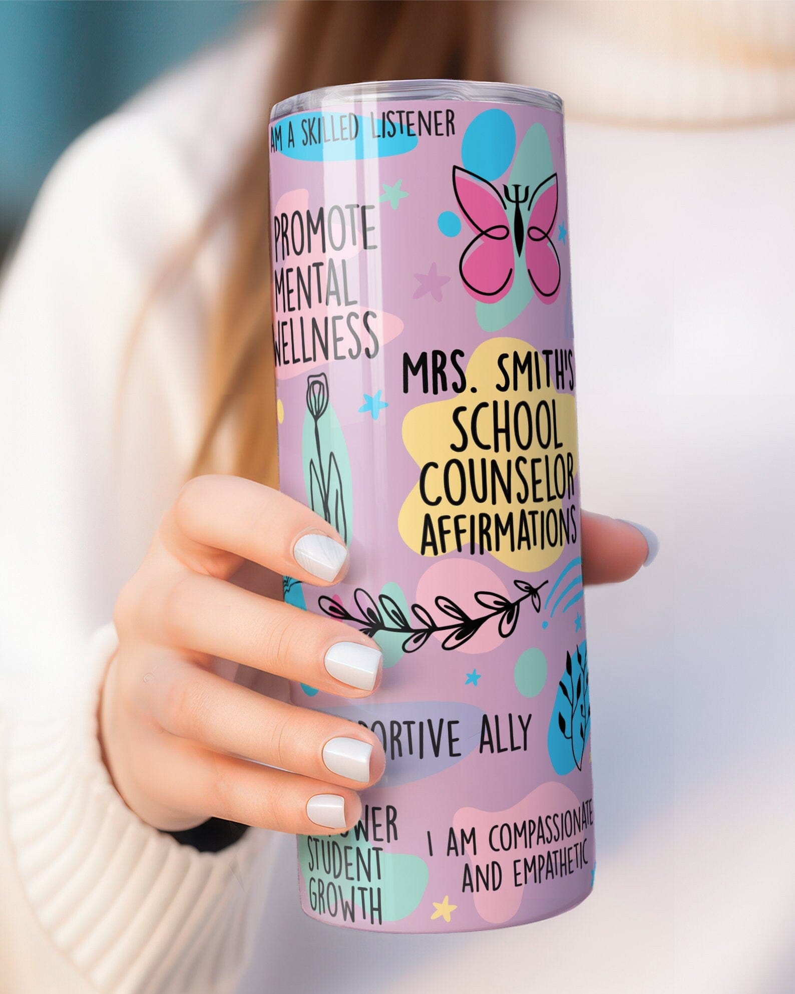 Personalized School Guidance Counselor Daily Affirmations Skinny Tumbler with Lid and Straw, Back to School Counselor Gift, Travel Mug Purple