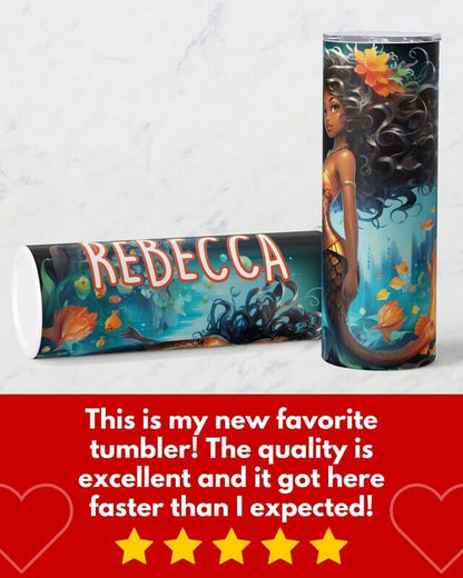 Personalized Black Mermaid Tumbler Gift for Girls, Custom African American Mermaid 20oz Skinny Tumbler, Black Girl Magic Cup for Kids