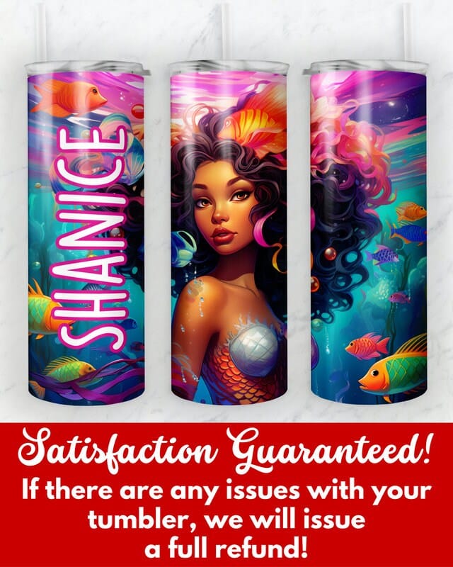 Personalized Black Mermaid Tumbler Gift for Girls, Custom African American Mermaid 20oz Skinny Tumbler, Black Girl Magic Cup for Kids