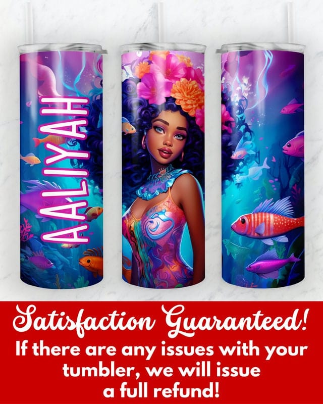 Personalized Black Mermaid Tumbler Gift for Girls, Custom African American Mermaid 20oz Skinny Tumbler, Black Girl Magic Cup for Kids