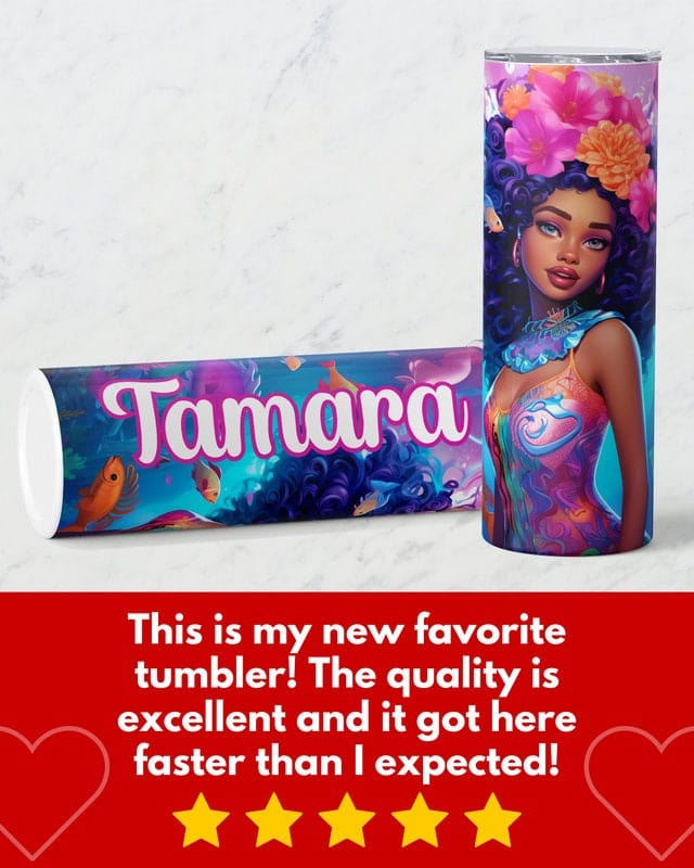 Personalized Black Mermaid Tumbler Gift for Girls, Custom African American Mermaid 20oz Skinny Tumbler, Black Girl Magic Cup for Kids