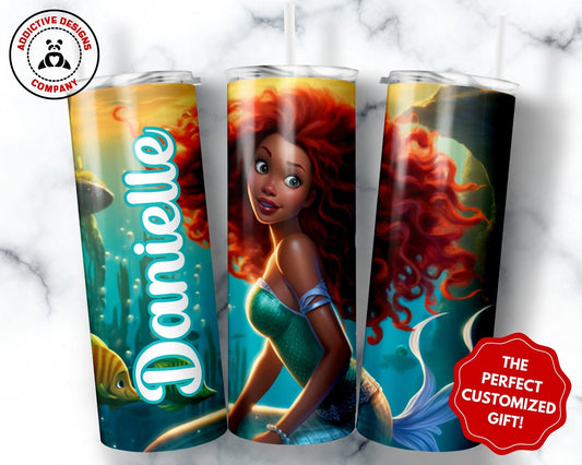 Personalized Black Mermaid Tumbler Gift for Girls, Custom African American Mermaid 20oz Skinny Tumbler, Black Girl Magic Cup for Kids