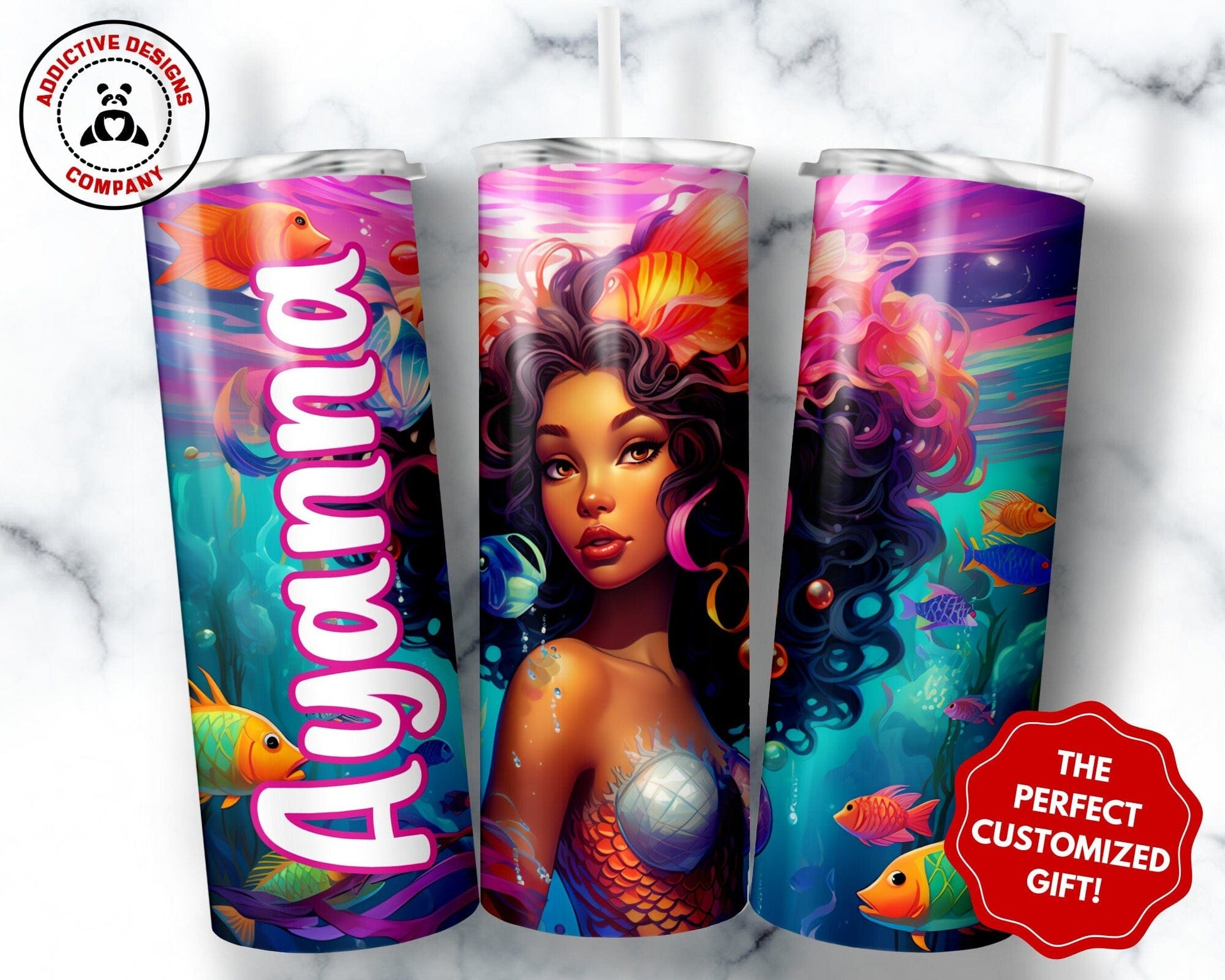 Personalized Black Mermaid Tumbler Gift for Girls, Custom African American Mermaid 20oz Skinny Tumbler, Black Girl Magic Cup for Kids