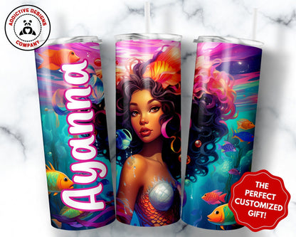 Personalized Black Mermaid Tumbler Gift for Girls, Custom African American Mermaid 20oz Skinny Tumbler, Black Girl Magic Cup for Kids