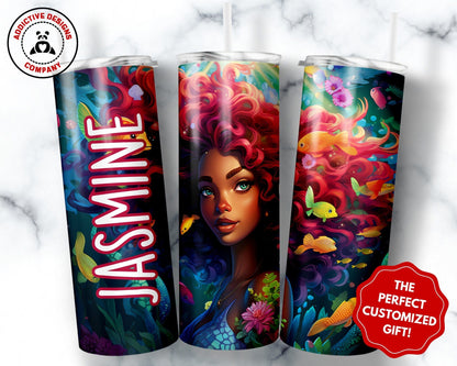 Personalized Black Mermaid Tumbler Gift for Girls, Custom African American Mermaid 20oz Skinny Tumbler, Black Girl Magic Cup for Kids