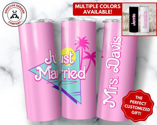 Personalized Just Married Tumbler, 20oz Skinny Tumbler Gift for Newlywed Bride, Bridal Shower Gift, Custom Just Married to Go Cup Mug