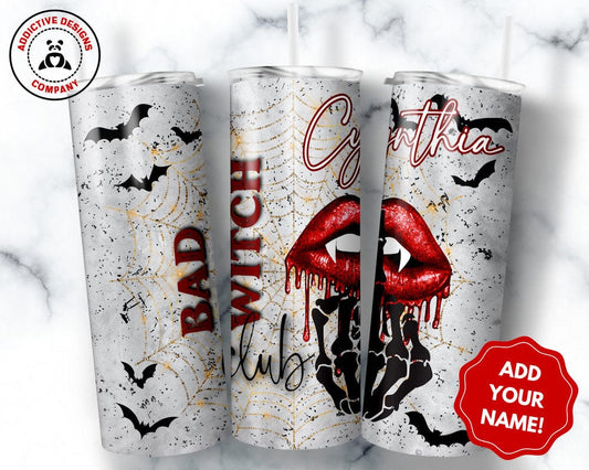 Personalized Halloween Tumbler, Bad Witch Club 20 oz Skinny Tumbler, Funny Halloween Gift, Spooky Middle Finger Vampire Fangs Bats Mug Cup