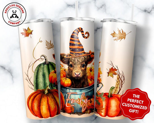 Personalized Halloween Highland Cow Tumbler, 20 oz Skinny Tumbler Gift for Highland Cow Lovers, Cute Halloween Fall Autumn Pumpkin Cup Mug