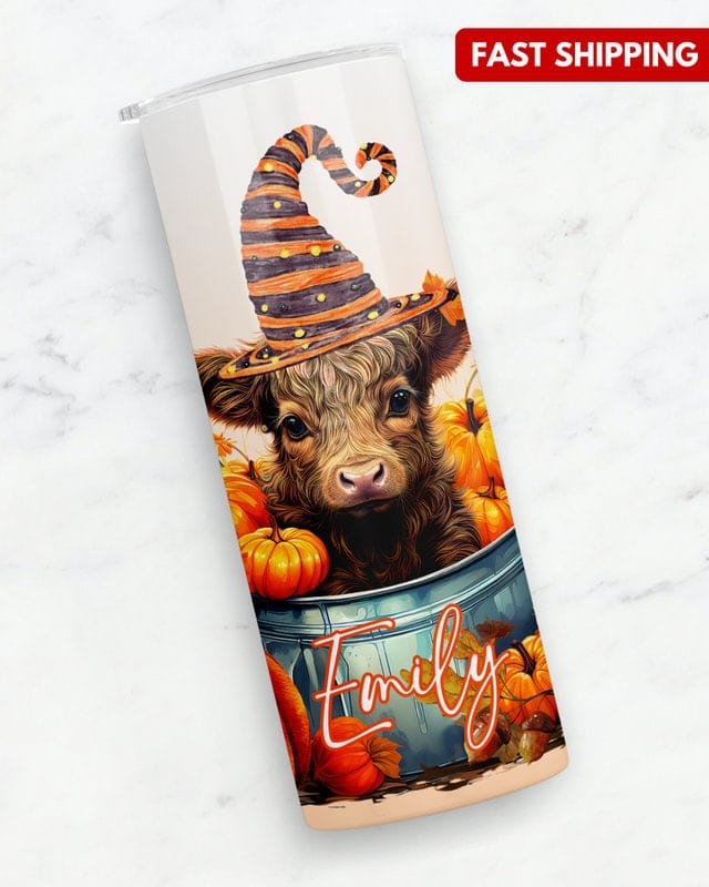 Personalized Halloween Highland Cow Tumbler, 20 oz Skinny Tumbler Gift for Highland Cow Lovers, Cute Halloween Fall Autumn Pumpkin Cup Mug