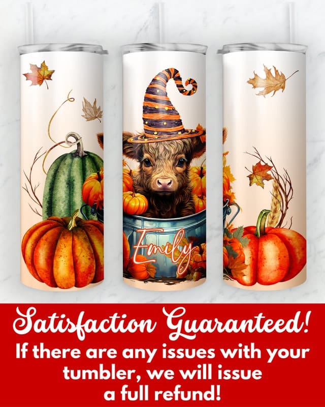 Personalized Halloween Highland Cow Tumbler, 20 oz Skinny Tumbler Gift for Highland Cow Lovers, Cute Halloween Fall Autumn Pumpkin Cup Mug