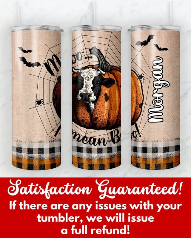 Personalized Halloween Cow Tumbler, Moo I Mean Boo Western Skinny Tumbler Gift for Cow Lovers, Cute Halloween Fall Autumn Pumpkin Cup Mug