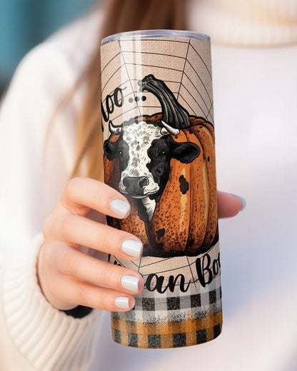 Personalized Halloween Cow Tumbler, Moo I Mean Boo Western Skinny Tumbler Gift for Cow Lovers, Cute Halloween Fall Autumn Pumpkin Cup Mug