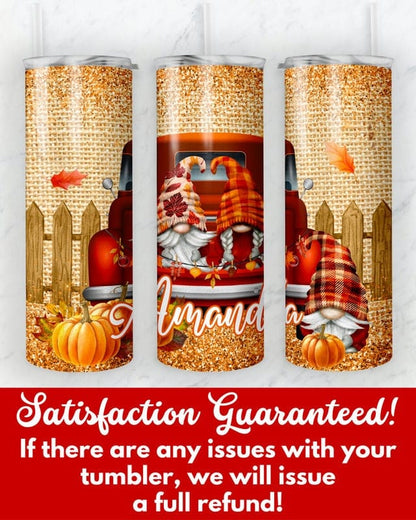 Personalized Fall Gnomes Tumbler, Custom 20 oz Skinny Tumbler, Cute Autumn Season Gift, Fall Vibes Thanksgiving Cup, Pumpkin Gnomes Mug