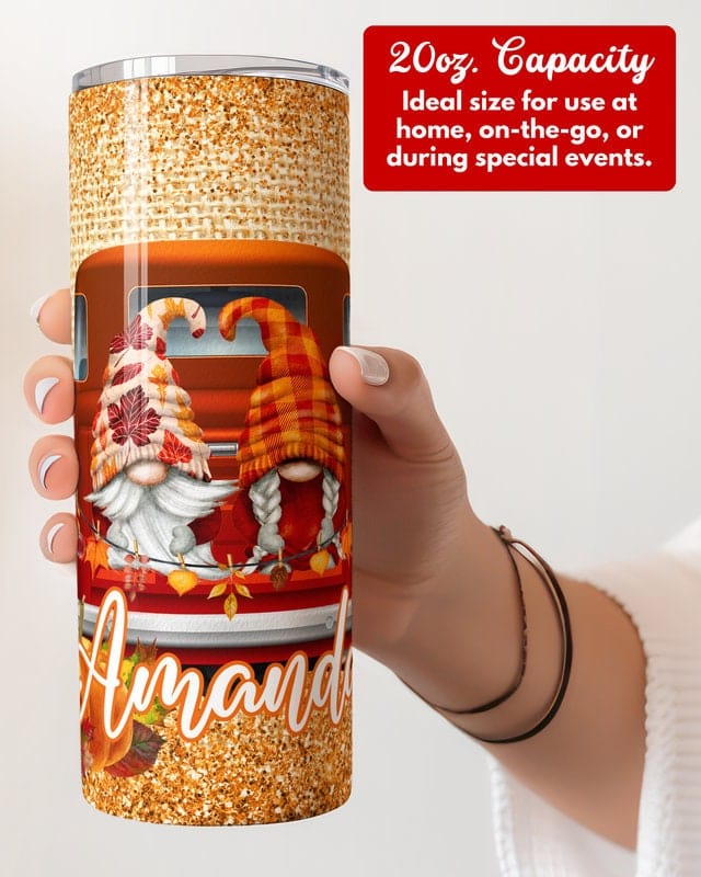 Personalized Fall Gnomes Tumbler, Custom 20 oz Skinny Tumbler, Cute Autumn Season Gift, Fall Vibes Thanksgiving Cup, Pumpkin Gnomes Mug