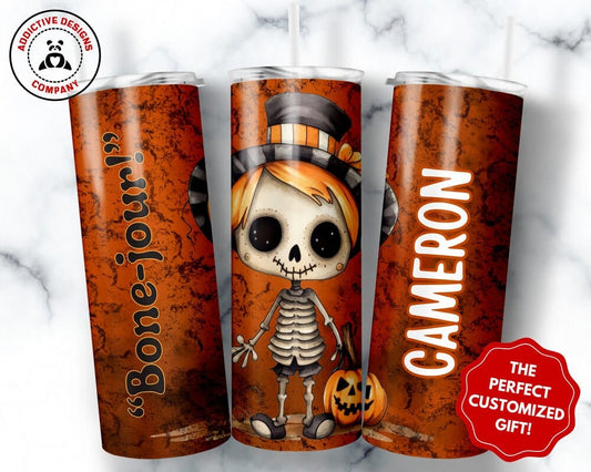 Personalized Kids Halloween Tumbler, Bone-Jour Skeleton Pumpkin Kids Tumbler, Funny Halloween Gift for Children, Trick or Treat Mug Cup