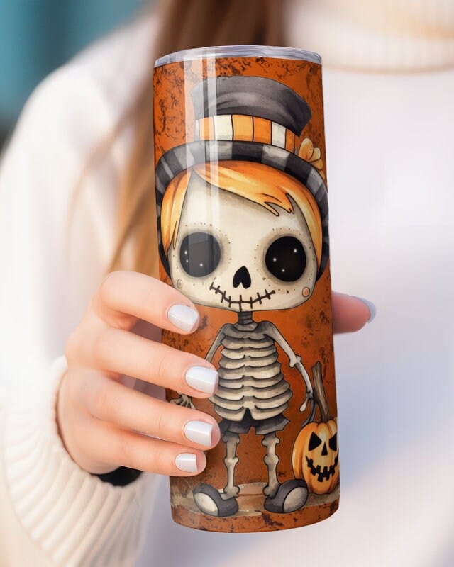 Personalized Kids Halloween Tumbler, Bone-Jour Skeleton Pumpkin Kids Tumbler, Funny Halloween Gift for Children, Trick or Treat Mug Cup