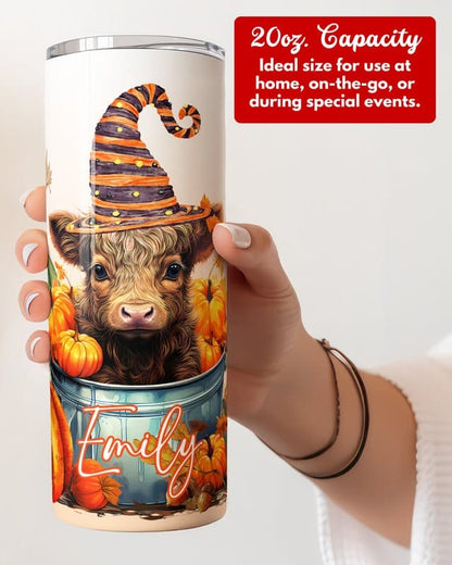 Personalized Halloween Highland Cow Tumbler, 20 oz Skinny Tumbler Gift for Highland Cow Lovers, Cute Halloween Fall Autumn Pumpkin Cup Mug