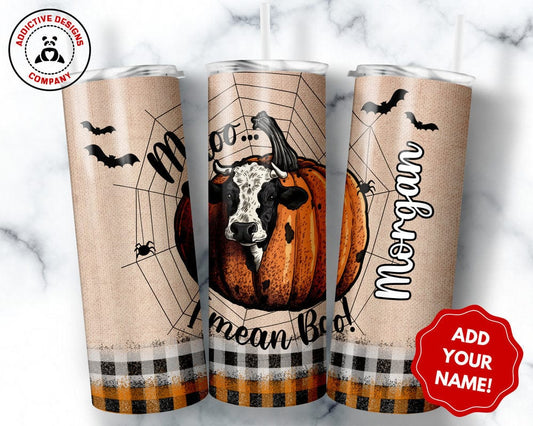 Personalized Halloween Cow Tumbler, Moo I Mean Boo Western Skinny Tumbler Gift for Cow Lovers, Cute Halloween Fall Autumn Pumpkin Cup Mug