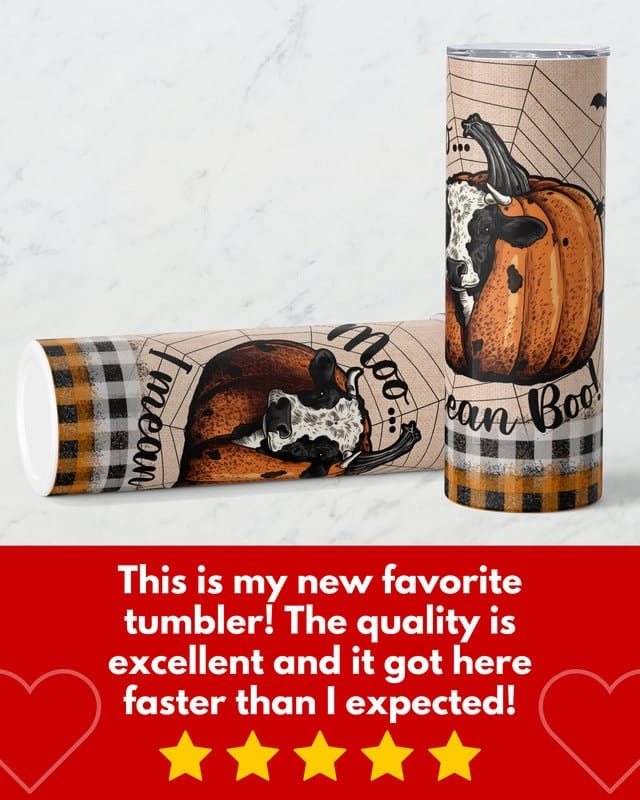 Personalized Halloween Cow Tumbler, Moo I Mean Boo Western Skinny Tumbler Gift for Cow Lovers, Cute Halloween Fall Autumn Pumpkin Cup Mug