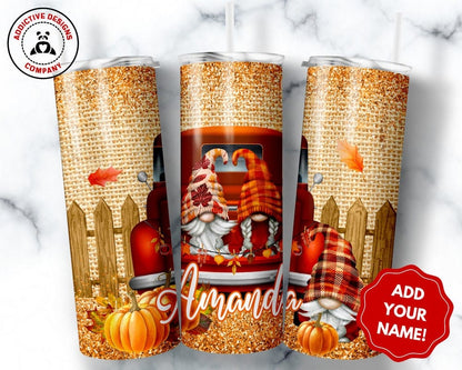 Personalized Fall Gnomes Tumbler, Custom 20 oz Skinny Tumbler, Cute Autumn Season Gift, Fall Vibes Thanksgiving Cup, Pumpkin Gnomes Mug