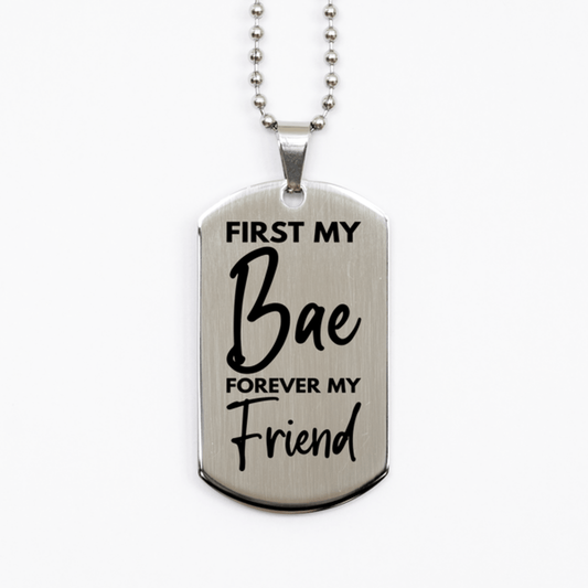Inspirational Bae Silver Dog Tag Necklace, First My Bae Forever My Friend, Best Birthday Gifts for Bae