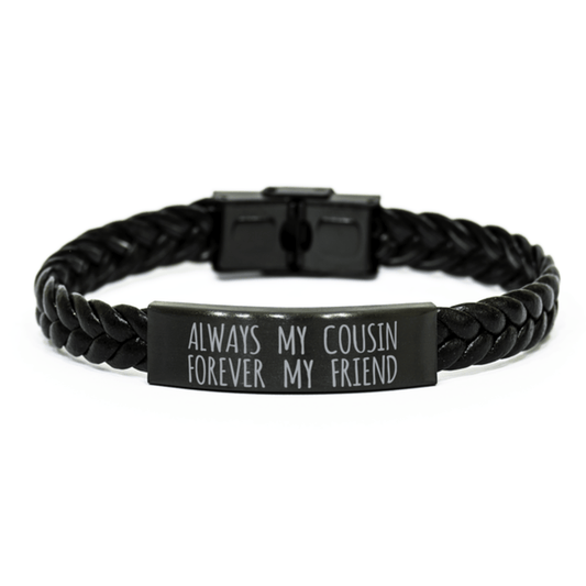 Inspirational Cousin Black Braided Leather Rope Bracelet, Always My Cousin Forever My Best Friend, Best Birthday Gifts For Men Women