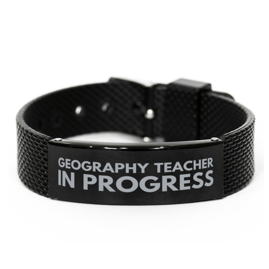 Inspirational Geography Teacher Black Shark Mesh Bracelet, Geography Teacher In Progress, Best Graduation Gifts for Students