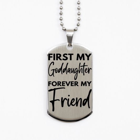 Inspirational Goddaughter Silver Dog Tag Necklace, First My Goddaughter Forever My Friend, Best Birthday Gifts for Goddaughter