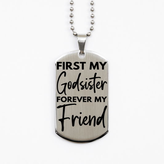 Inspirational Godsister Silver Dog Tag Necklace, First My Godsister Forever My Friend, Best Birthday Gifts for Godsister