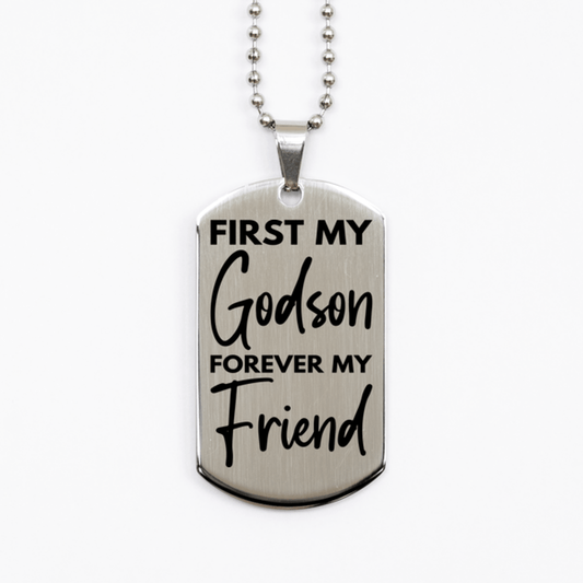 Inspirational Godson Silver Dog Tag Necklace, First My Godson Forever My Friend, Best Birthday Gifts for Godson