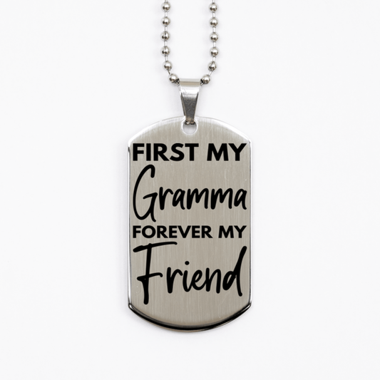 Inspirational Gramma Silver Dog Tag Necklace, First My Gramma Forever My Friend, Best Birthday Gifts for Gramma