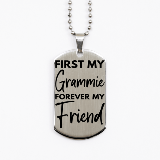 Inspirational Grammie Silver Dog Tag Necklace, First My Grammie Forever My Friend, Best Birthday Gifts for Grammie