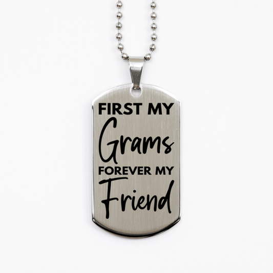 Inspirational Grams Silver Dog Tag Necklace, First My Grams Forever My Friend, Best Birthday Gifts for Grams