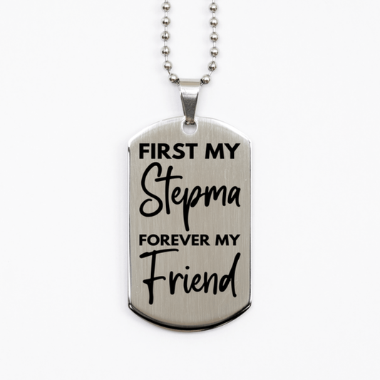 Inspirational Stepma Silver Dog Tag Necklace, First My Stepma Forever My Friend, Best Birthday Gifts for Stepma