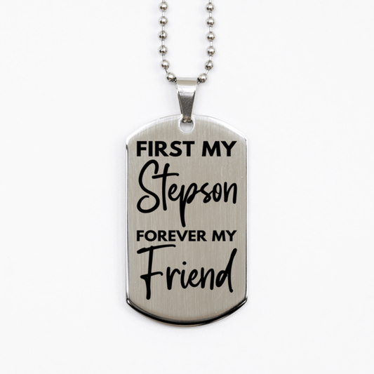 Inspirational Stepson Silver Dog Tag Necklace, First My Stepson Forever My Friend, Best Birthday Gifts for Stepson