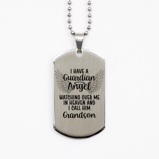 Memorial Grandson Silver Dog Tag Necklace, Guardian Angel Grandson Gift, Loss of Grandson, Grandson Death, Sympathy Gift
