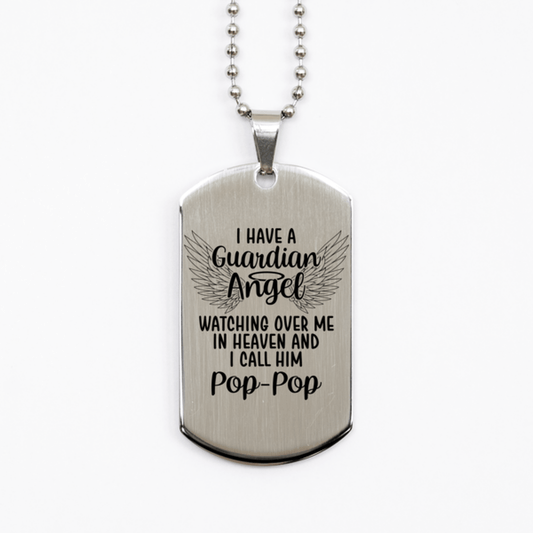 Memorial Pop-Pop Silver Dog Tag Necklace, Guardian Angel Pop-Pop Gift, Loss of Pop-Pop, Pop-Pop Death, Sympathy Gift