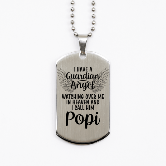 Memorial Popi Silver Dog Tag Necklace, Guardian Angel Popi Gift, Loss of Popi, Popi Death, Sympathy Gift