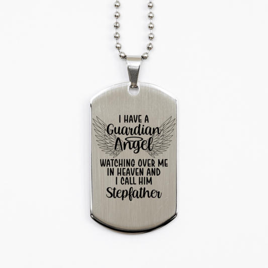 Memorial Stepfather Silver Dog Tag Necklace, Guardian Angel Stepfather Gift, Loss of Stepfather, Stepfather Death, Sympathy Gift
