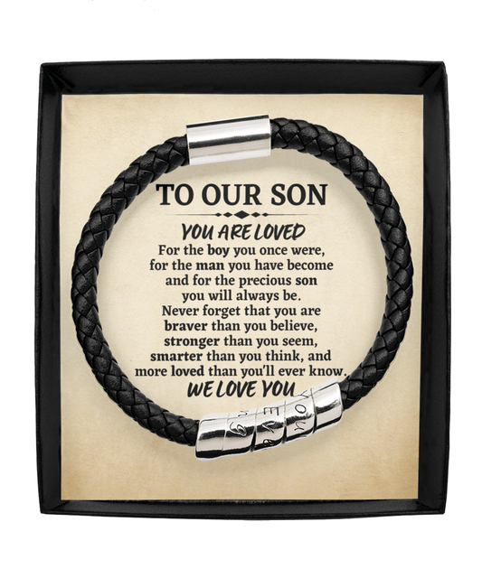 Gift for Son Vegan Leather Bracelet - Son Birthday Gift - Graduation Gift for Son - Son Wedding Gift - Motivational Gifts for Our Son Man Black Bracelet